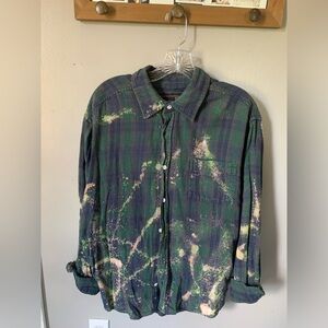 Custom Green & Blue Bleached Plaid Button-Up Flannel